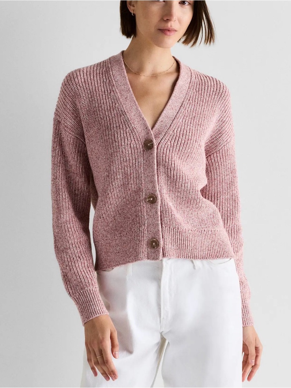QUINCE 100% Organic Cotton Fisherman Boxy Cropped Cardigan Marled Rose Pink Sz M